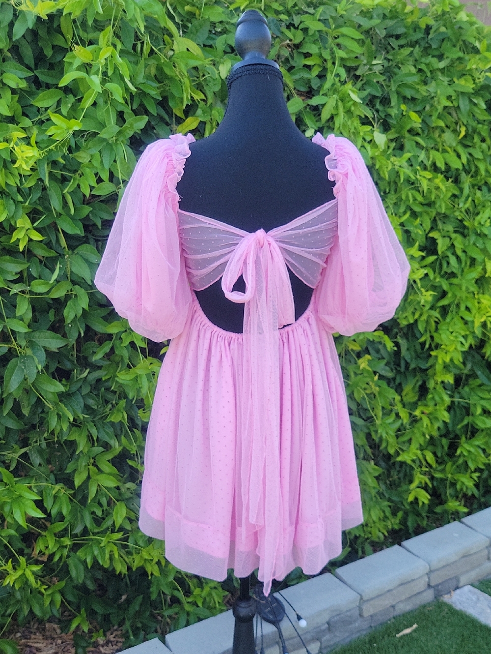 Pink Dot-Overlay Romantic Fairy Puff Sleeve Open Bow Back Mini Dress